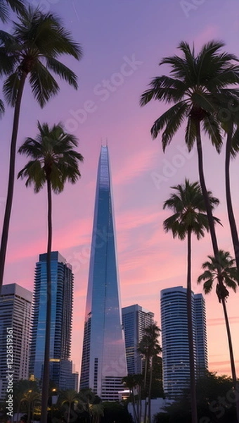 Fototapeta Skyscraper Tower with Purple Sky and Palm Trees in the Foreground