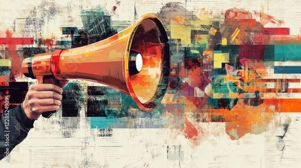 Fototapeta In a contemporary art collage, a human hand is depicted holding megaphones, symbolizing spread of fake news through abstract technology background, creating a thought-provoking commentary on impact