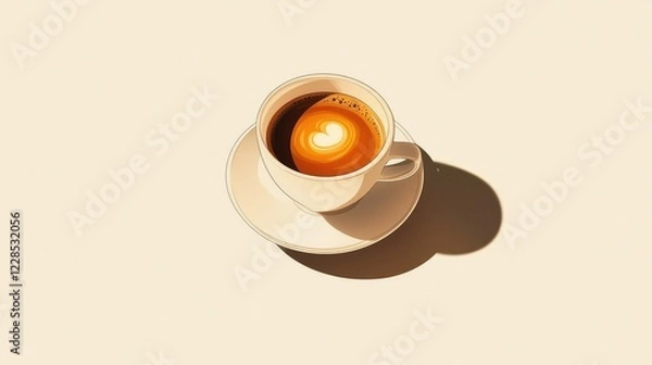 Fototapeta Freshly Brewed Coffee Cup with Heart Latte Art on Cream Background