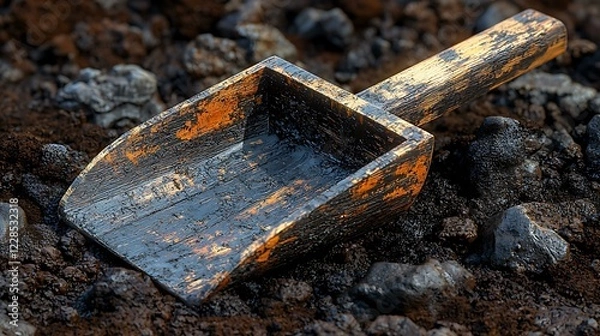 Fototapeta A wooden compost scoop with a smooth polished finish, isolated on a deep chocolate brown background, photorealistic, ultra-sharp focus, clear details, studio lighting, natural colors, realistic