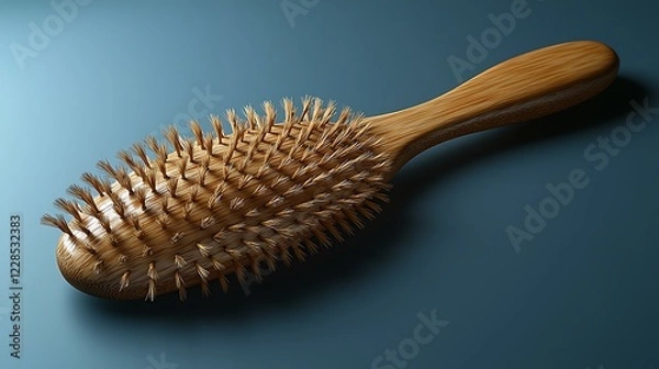 Fototapeta A wooden hairbrush with natural bristles, isolated on a warm caramel brown background, photorealistic, ultra-sharp focus, clear details, studio lighting, natural colors, realistic lighting,