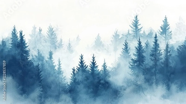 Fototapeta Misty Blue Forest Landscape in Soft Watercolor Style