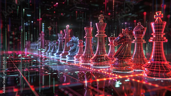 Fototapeta A high-tech chessboard featuring glowing holographic wireframe chess pieces in a cyber environment, symbolizing AI, strategy, cybersecurity, and digital warfare