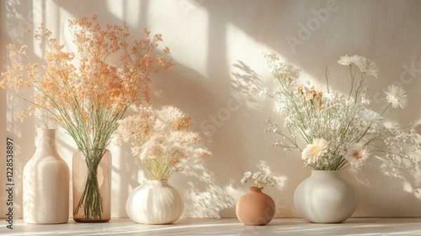 Fototapeta Dried Flowers in Vases Basking in Sunlight