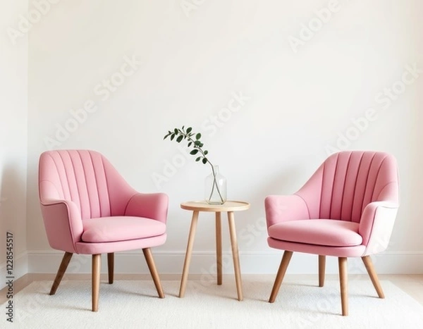 Fototapeta Pair of blush pink armchairs with a minimal side table against a blank backdrop