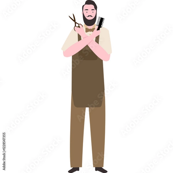 Fototapeta Flat Illustration of a barbermanin Apron and Bow Tie and scissors