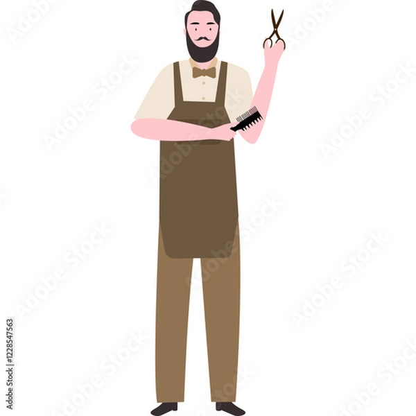 Fototapeta Flat Illustration of a barbermanin Apron and Bow Tie and scissors and comb