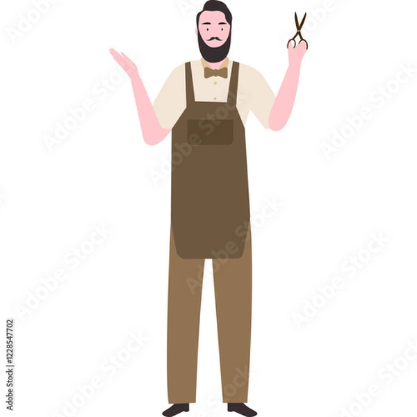 Fototapeta Flat Illustration of a barbermanin Apron and Bow Tie and scissors