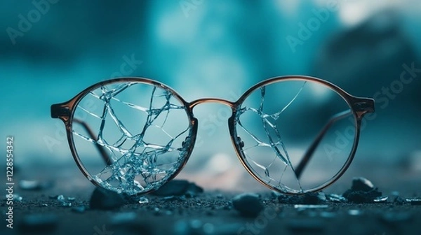Fototapeta Broken eyeglasses with fractured lenses, laying on the ground, damage visual concept