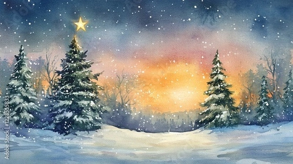 Obraz Watercolor painting of a snowy forest scene with christmas trees and a star at the top of the main tree