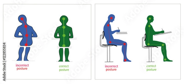 Obraz correct and incorrect posture while sitting and writing. vector illustration
