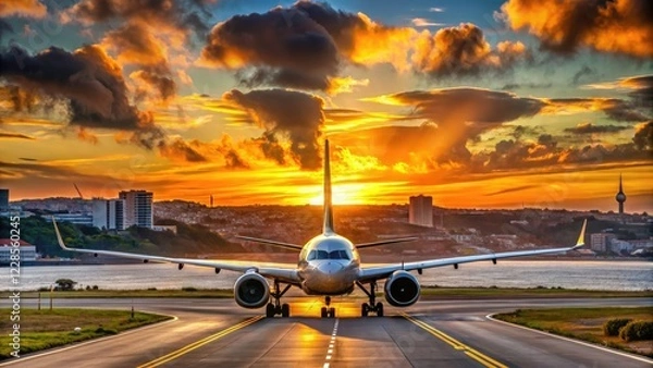 Fototapeta Cabo Verde Airlines Boeing 737 MAX 8 Taxiing at Lisbon Airport - Vibrant Landscape Photography of Aircraft on Runway with Scenic Backdrop