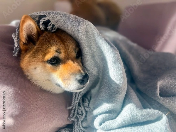 Fototapeta Pensive Shiba Inu with a sorrowful expression, head nestled under a blanket. The mood is reflective and contemplative. High quality close-up photo. copy space available.