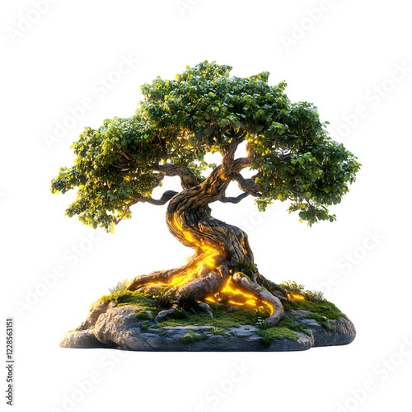 Fototapeta Fluffy 3D Cartoon Bonsai Tree with Glowing Flame Isolated on Transparent Background