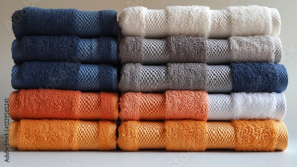 Fototapeta Soft, textured towels stacked in various colors including navy, gray, white, and orange, creating cozy and inviting atmosphere