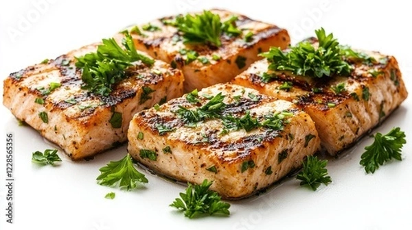 Obraz Grilled salmon cubes with parsley garnish on white background