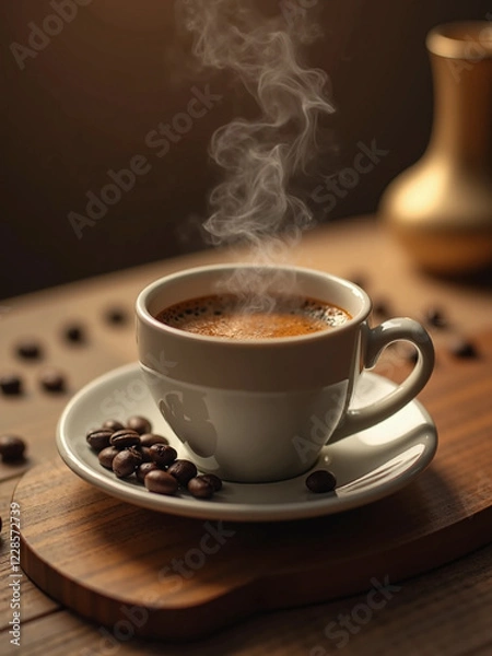 Fototapeta Close-Up of a Steaming Coffee Cup in a Cozy Minimalist Setting – Aesthetic Warm Tones, Wooden Table, and Coffee Beans in Extreme Detail, Capturing Rich Aromas and Indulgence in Stunning