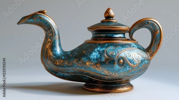 Fototapeta Ornate teapot with bird spout on gray studio backdrop for product or design