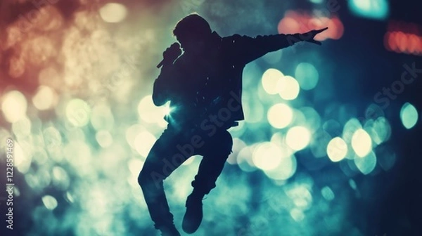 Fototapeta The silhouette of a solo singer singing into a microphone, surrounded by colorful bokeh lights, creates a beautiful and magical atmosphere celebration