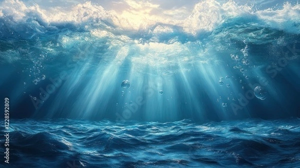 Fototapeta Realistic Underwater Scene with Sunlight Rays and Bubbles in Blue and Turquoise Ocean