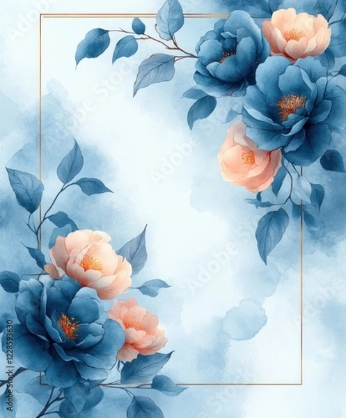 Fototapeta Wedding Invitation Design with Blue Roses Peonies and Eucalyptus Floral Frame