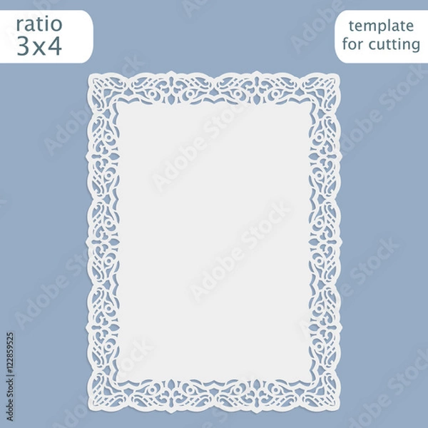 Obraz Laser cut wedding invitation card template with openwork border.  Cut out the paper card with lace pattern.  Greeting card template for cutting plotter. Vector.