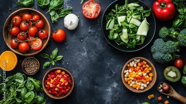 Fototapeta Fresh Vegetables and Fruits Arranged on Dark Background for Cooking