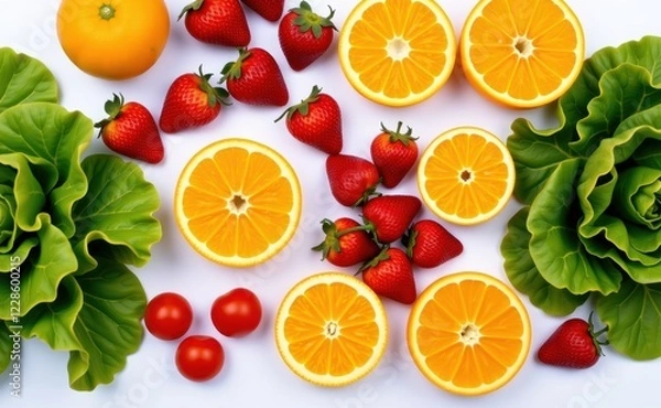 Fototapeta Fresh fruits and vegetables arranged on a clean white background, showcasing healthy food choices and vibrant colors.