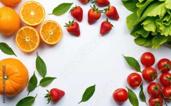 Fototapeta Fresh fruits and vegetables arranged on a clean white background, showcasing healthy food choices and vibrant colors.