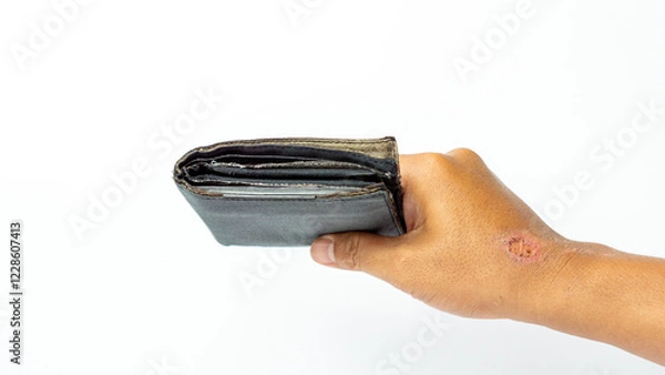 Obraz A tanned hand holding an ugly and broken wallet on a white background