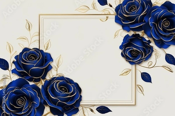 Fototapeta A luxurious wedding invitation template featuring deep royal blue roses with golden outlines, arranged in an artistic floral frame. 