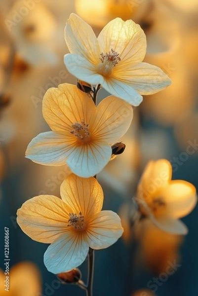 Fototapeta Closeup of Yellow Flowers in Texas Meadow with Sunset Lighting and Soft Focus