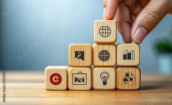 Fototapeta Business Strategy and Growth Icons on Wooden Blocks with Target Symbol Held by Businessman Hand