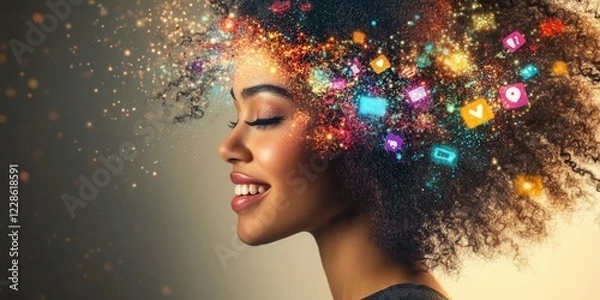 Fototapeta A joyful young woman’s face as glowing social media icons and emojis burst upon impact, exploding into colorful digital particles in a dynamic, high-energy moment.