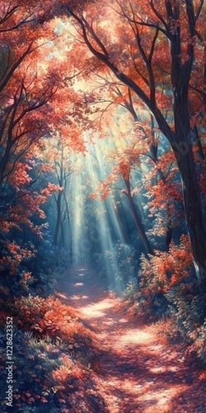 Fototapeta Autumn Path Through Sunlit Forest With Red Leaves