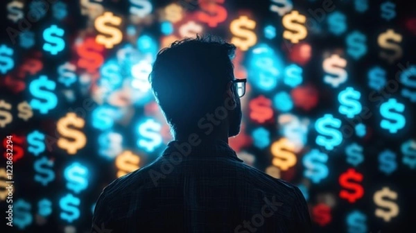 Fototapeta Man standing in front of a blurred digital display filled with glowing dollar signs. Financial opportunities, economic decisions, wealth management, financial decision-making, investment concept