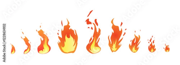 Fototapeta Burning bonfires or campfires vector flat icons set, cartoon different sizes and shapes of red fire flame effect with sparks