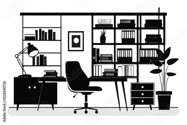 Obraz Computer and study desk room silhouette vector illustration isolated on a white background