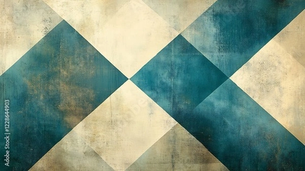Fototapeta Teal and beige diamond pattern subtly textured background. AI Generated