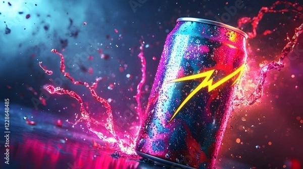Fototapeta Electrifying Vibrant Energy Drink Can with Dynamic Neon Splash Graphics