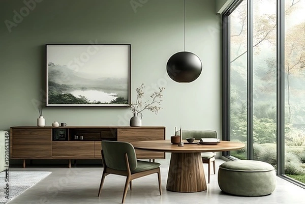 Fototapeta Mint color chairs at round wooden dining table in room with sofa and cabinet near green wall. Scandinavian, mid-century home interior design of modern living room.
