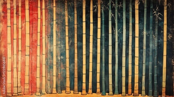 Fototapeta Vibrant colored bamboo stalks stand tall in serene textured pattern. AI Generated