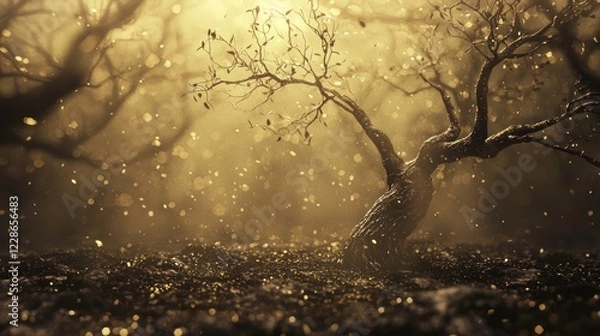 Fototapeta Dark Orchard Scene with Trunk and Blossoming Elements