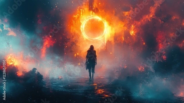 Fototapeta Surreal Cosmic Battle of Futuristic Magic Fighters with Glowing Rings in a Vibrant Digital Fantasy Art Scene