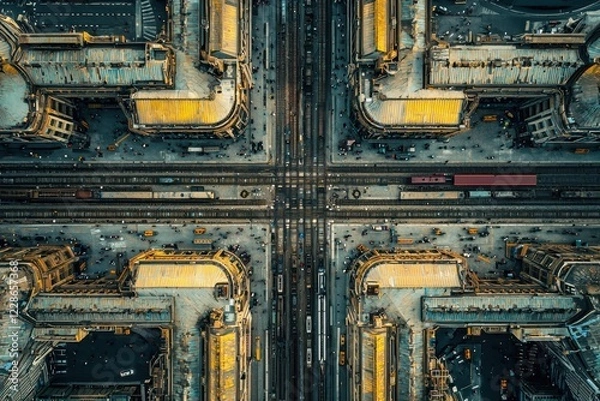 Fototapeta The image is a cityscape with a crosswalk and a train crossing. The train is in the middle of the image, and there are several cars and people walking around the area
