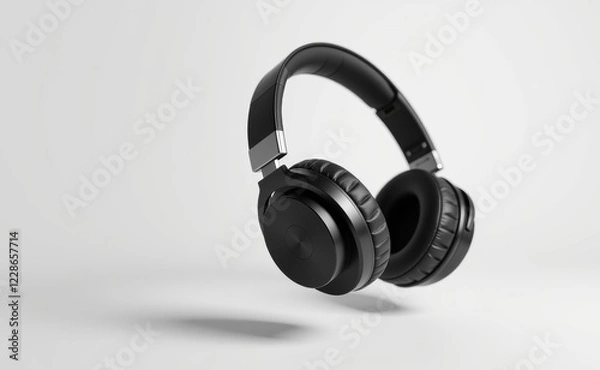 Fototapeta A pair of sleek, black wireless headphones levitating against a clean white background, showcasing modern audio technology.