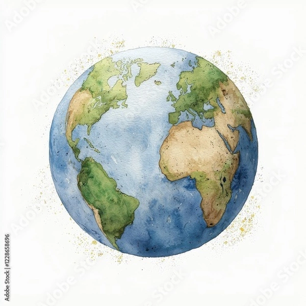 Obraz Colorful Watercolor Illustration of Earth Showcasing Continents and Oceans with a Gentle Artistic Touch