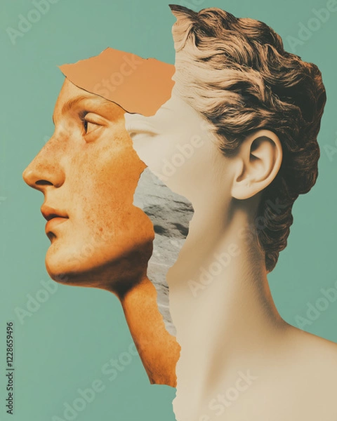 Obraz Ancient eternal beauty concept. Creative collage of the beautiful young woman and Roman female bust using mix of different techniques. Close up portrait. Avant-garde postcard, poster style