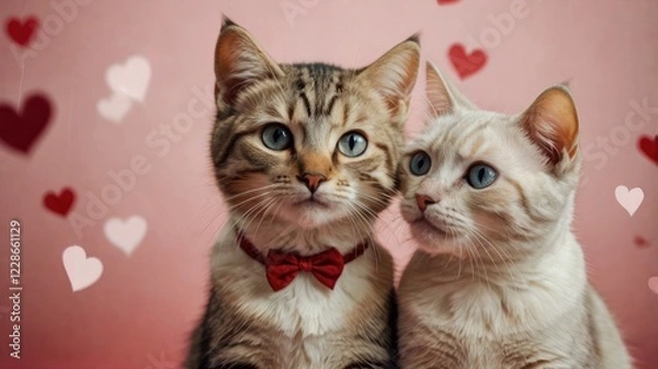 Fototapeta Two cats in a pair with cute faces. Valentine's Day greeting card. Happy Valentine's Day