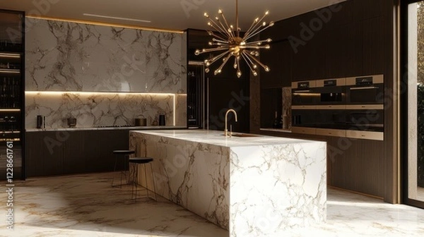 Fototapeta Luxury kitchen island with marble countertop and gold accents. Perfect for showcasing high-end appliances and interior design.